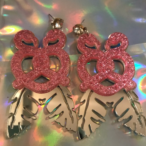 Pink flamingo mirror glitter heart earrings huge reflective silver oversized big - Picture 5 of 5